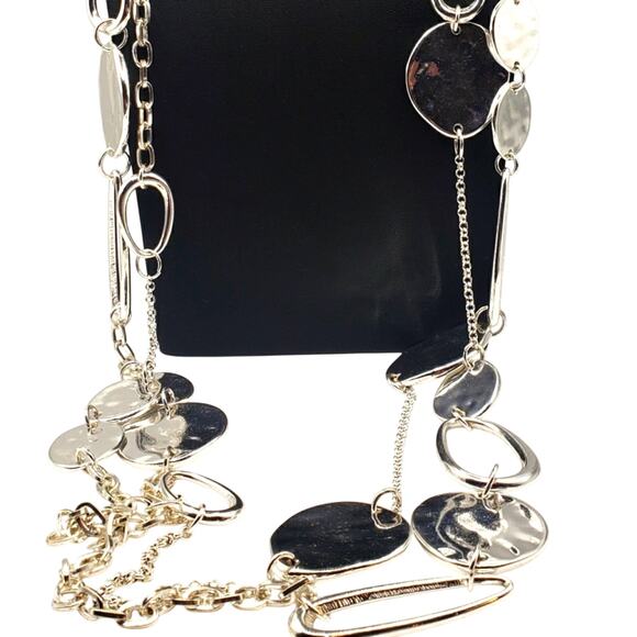 Chicos Silver Tone Necklace 41" Long Two Strand Hammered Disk Chain Statement - Picture 2 of 8